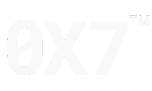 0x7-zero-x-seven white logo, featuring the brand’s name in a white color scheme, designed for use on dark backgrounds and branding materials.