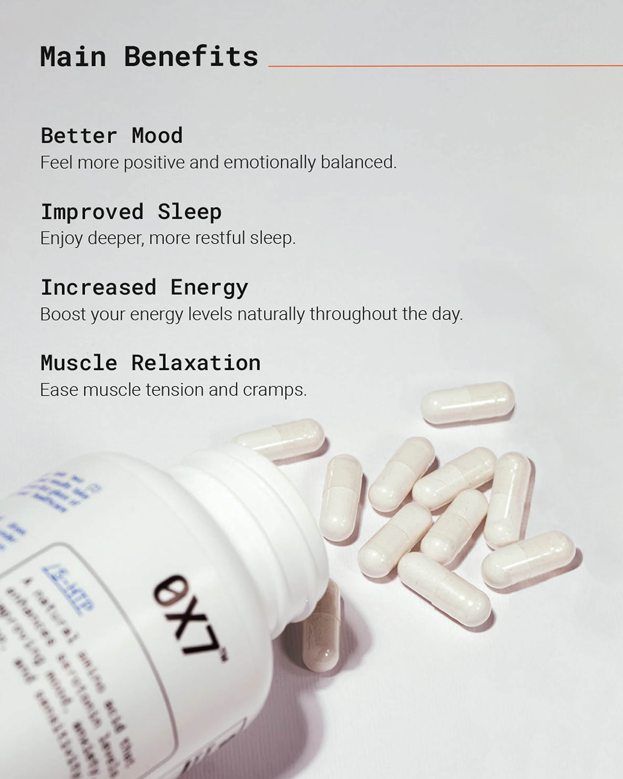 5-HTP Calcium supplement for better sleep and stress relief. Helps people who struggle with falling asleep due to anxiety, overthinking, or stress. Ideal for individuals searching for natural sleep aids or ways to calm the mind.