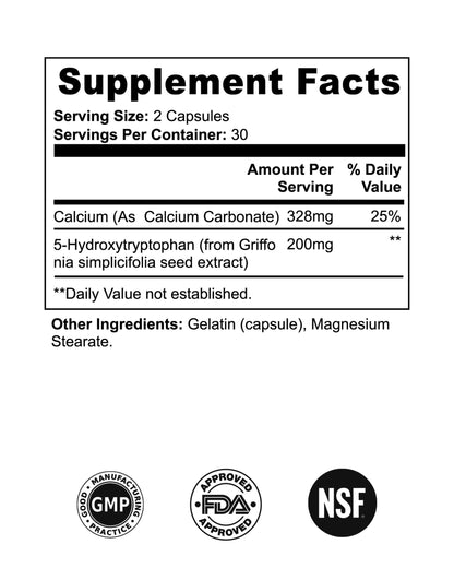 Natural serotonin booster with 5-HTP and calcium to help reduce stress, anxiety, and promote relaxation. Ideal for people dealing with insomnia, anxious thoughts, or difficulty relaxing due to high stress levels.