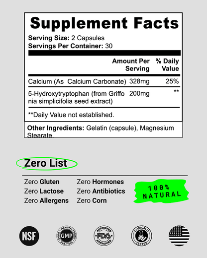 Natural serotonin booster with 5-HTP and calcium to help reduce stress, anxiety, and promote relaxation. Ideal for people dealing with insomnia, anxious thoughts, or difficulty relaxing due to high stress levels.