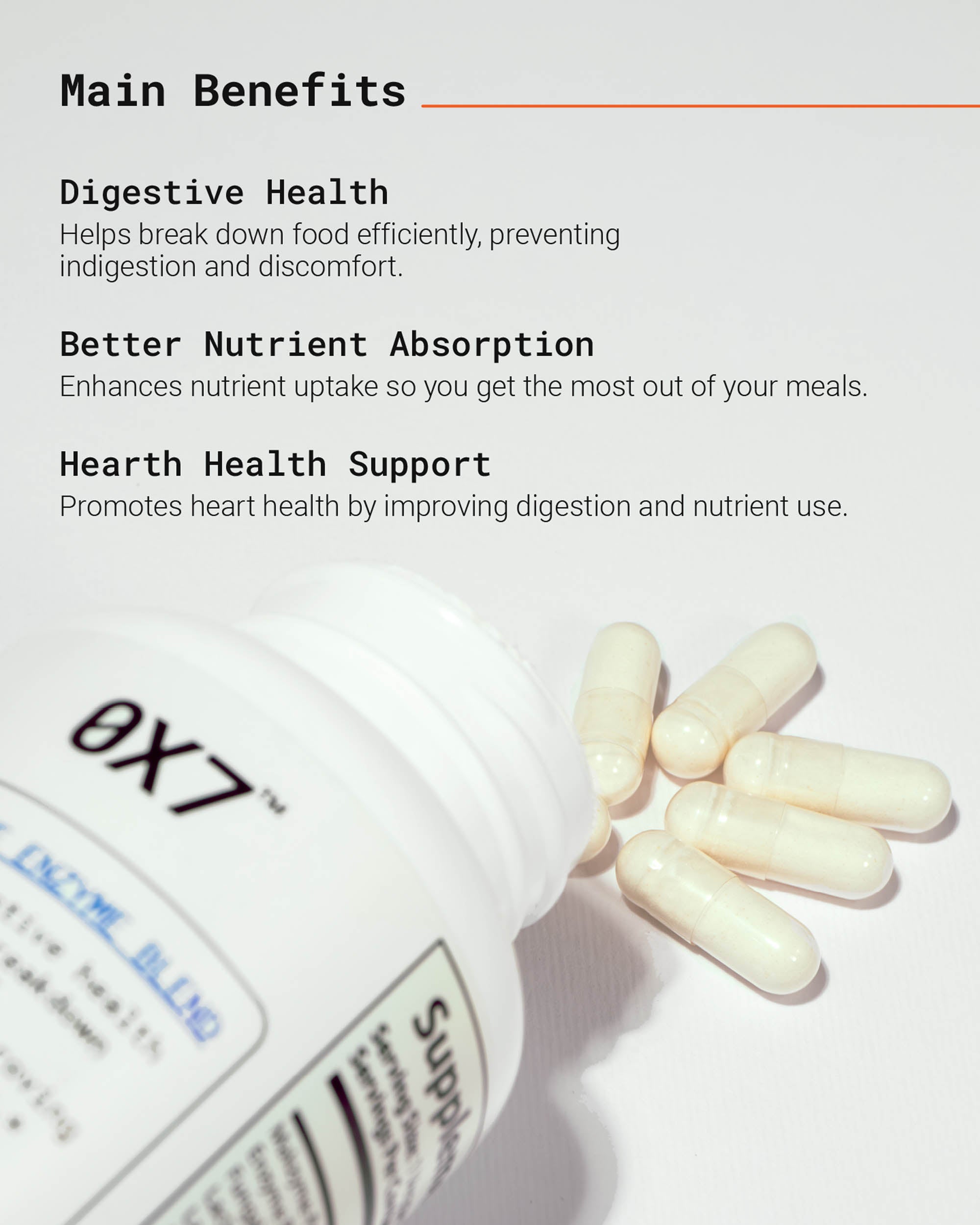 Natural Digestive Enzyme supplement designed to reduce bloating, improve digestion, and enhance nutrient absorption. Perfect for those dealing with indigestion, gas, or digestive discomfort after meals.