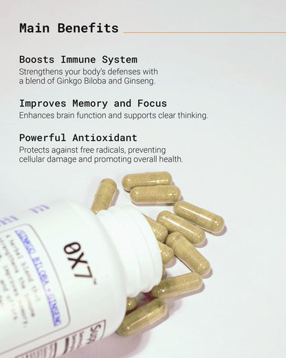 Natural Ginkgo Biloba and Ginseng supplement designed to enhance brain function, improve memory, and increase mental energy. Perfect for people looking for natural solutions to support brain health and reduce mental fatigue.