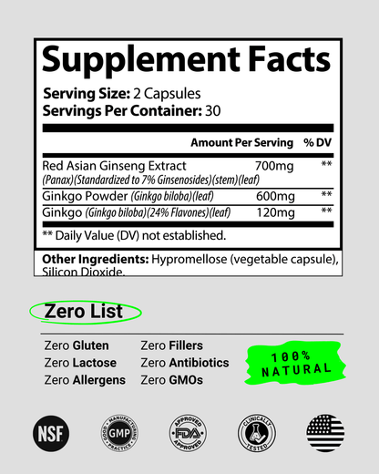 All-natural Ginkgo Biloba Ginseng supplement for cognitive health, memory support, and mental clarity. Perfect for those looking to improve focus, boost energy, and enhance overall brain function.