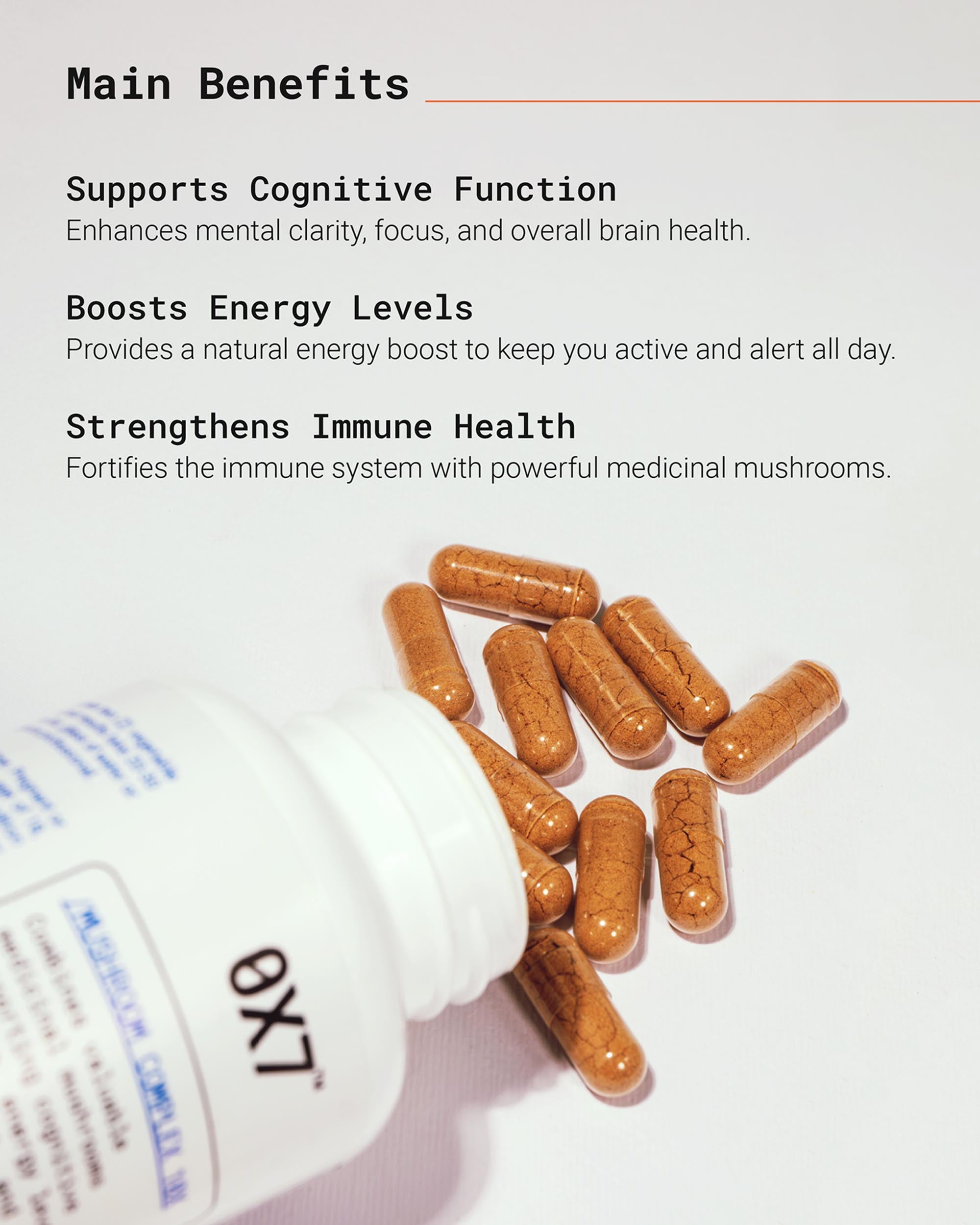 Natural Mushroom Complex 10-X with a blend of 10 potent mushrooms, designed to support immune health, improve energy, and provide rich antioxidants. Perfect for people looking to boost overall wellness with a natural supplement.