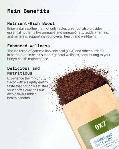 Natural Organic Hemp Coffee Blend Medium Roast, combining rich coffee flavor with the health benefits of hemp. Ideal for coffee lovers seeking a unique blend that promotes energy, focus, and relaxation.