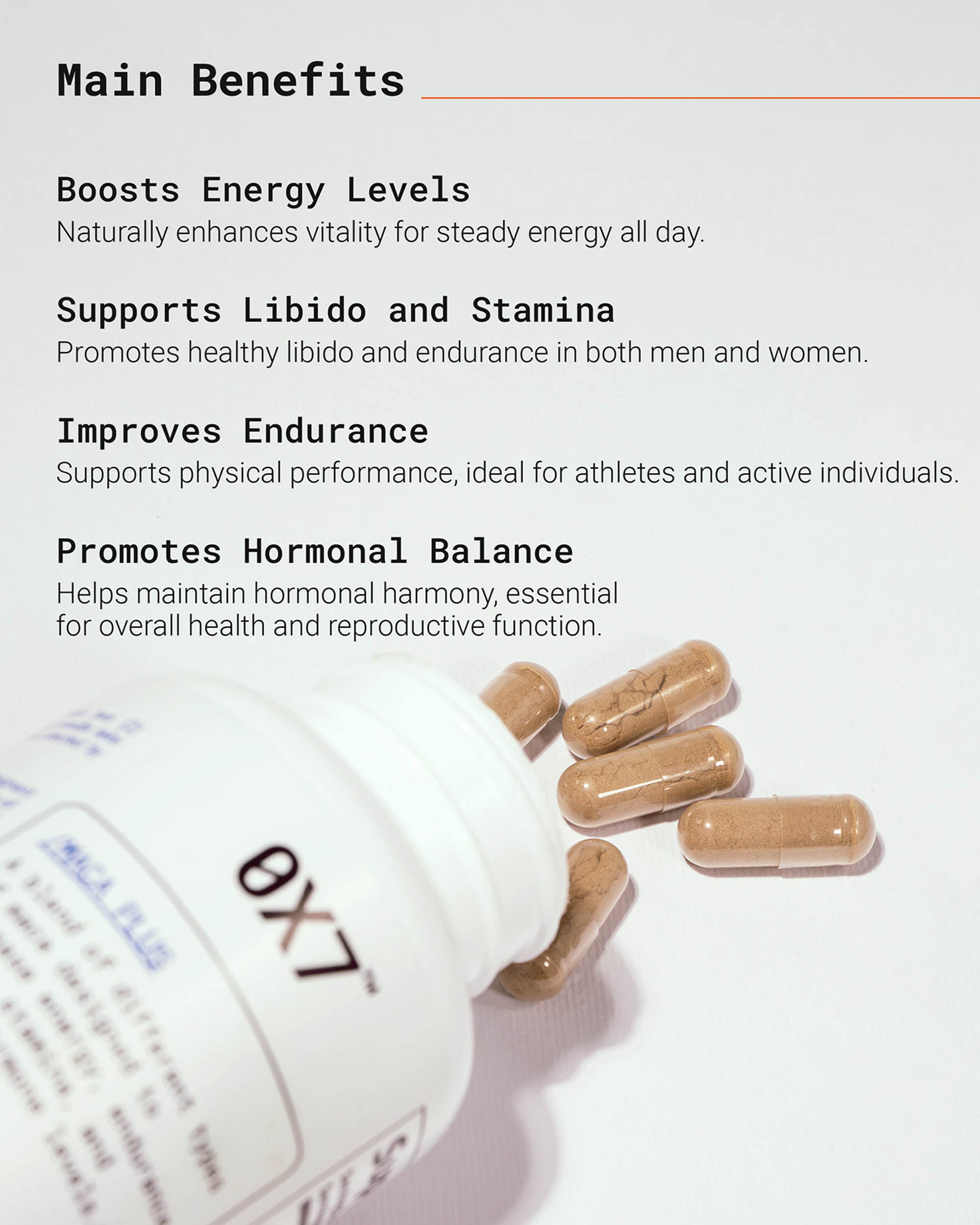 Natural Maca Plus supplement designed to improve endurance, enhance energy, and promote overall well-being. Perfect for people looking for a natural solution to improve stamina and support hormonal health.