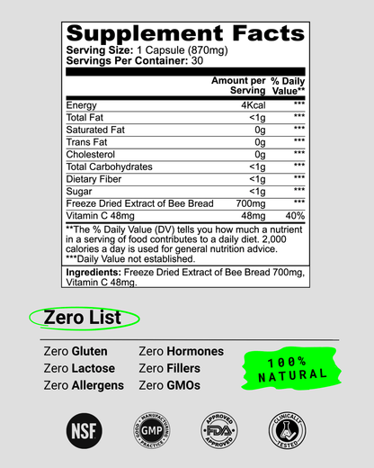 Natural Bee Pearl supplement for daily immune support and increased energy. Perfect for individuals looking for a natural source of antioxidants to protect against illness and support overall wellness.