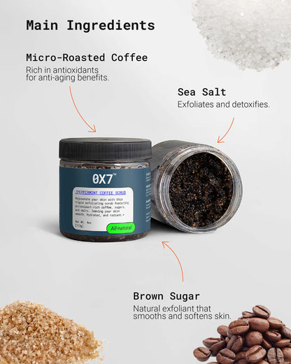 Peppermint Coffee Scrub with natural coffee grounds to remove impurities, exfoliate dead skin cells, and improve skin texture. Great for individuals searching for a refreshing scrub that boosts circulation and reduces the appearance of cellulite.