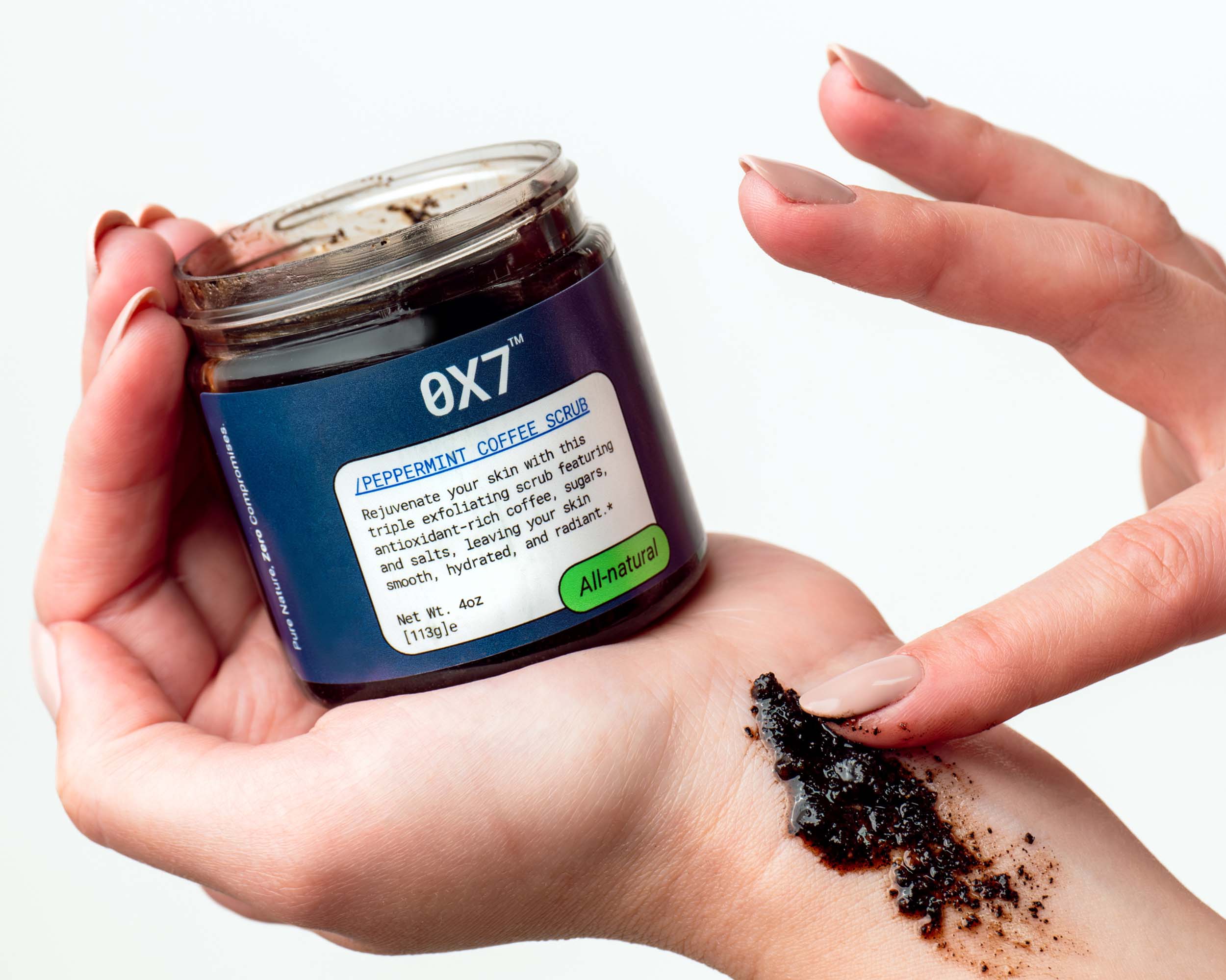 Natural Peppermint Coffee Scrub by Zero-X-Seven | 0X7, designed to exfoliate, smooth, and refresh the skin while reducing cellulite and improving circulation. Ideal for individuals searching for a natural scrub to enhance skin texture and vitality.