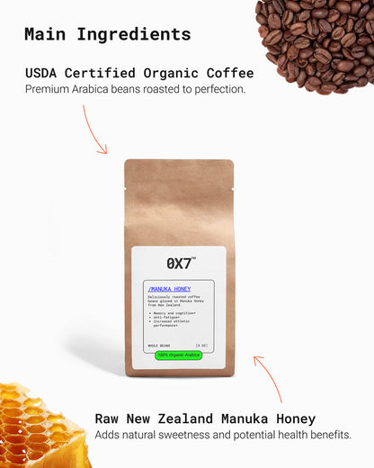 Raw Manuka Honey Coffee Blend for boosting energy, improving gut health, and supporting immunity. Great for individuals searching for a natural coffee that enhances health and wellness with the power of Manuka honey.