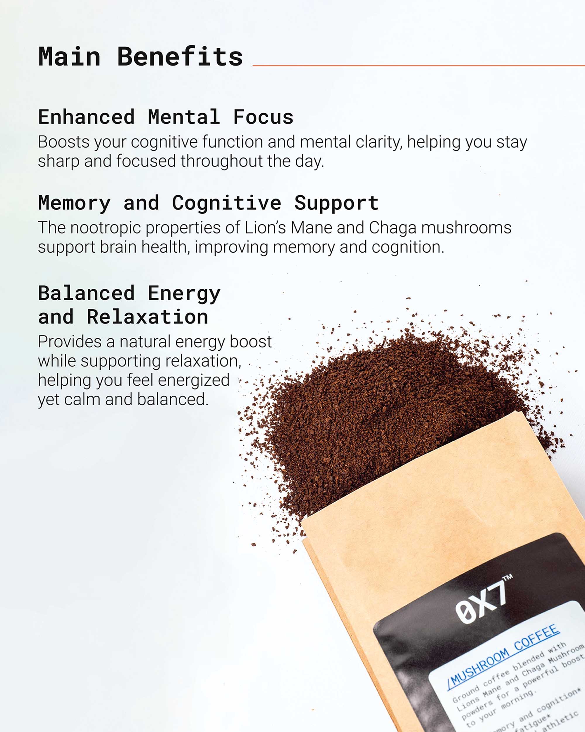 Natural Superfood Mushroom Coffee Blend designed to combine rich coffee flavor with the health benefits of mushrooms. Ideal for people looking for a unique coffee blend that supports mental clarity and immune function.